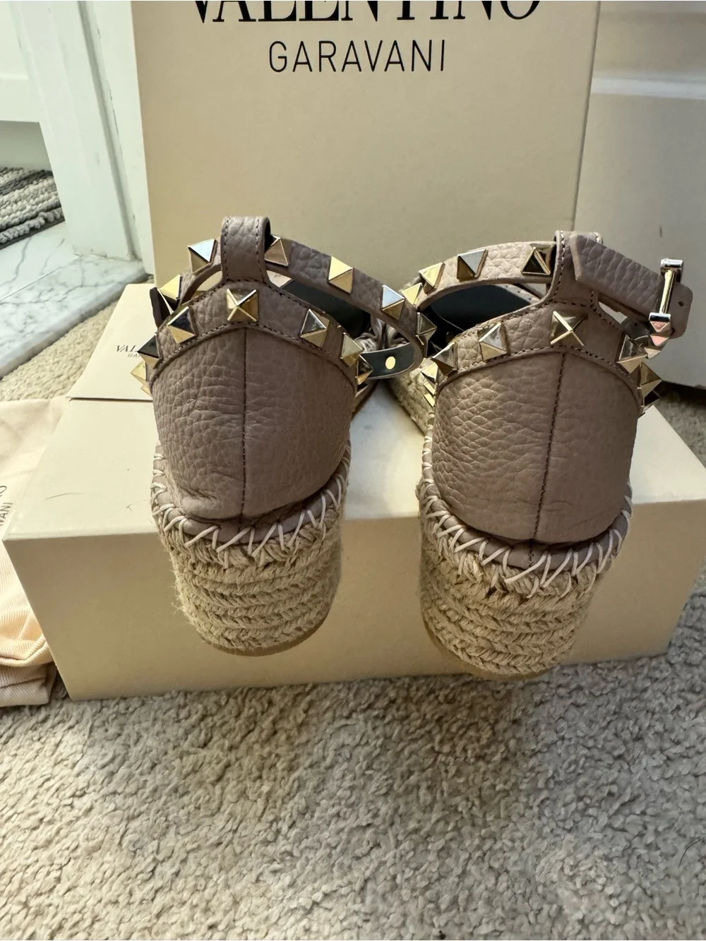 Valentino Garavani Taupe Leather Rockstud Espadrille Wedge